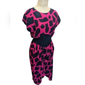 80s Does 40s Fuchsia Pink And Black Silky Hourglass Dress Gorgeous Tulip Hem S M